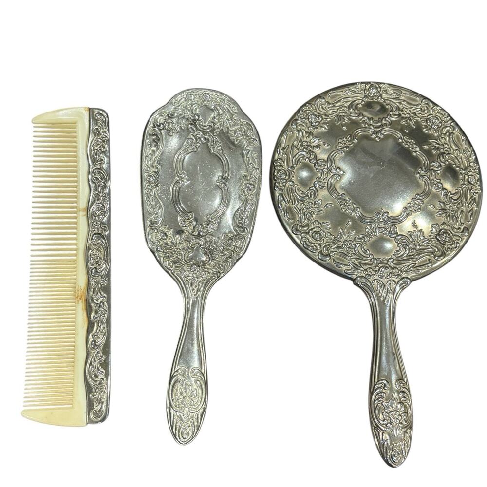 Vintage Silver Plated Vanity Dresser Set Mirror Brush Comb Ornate Floral